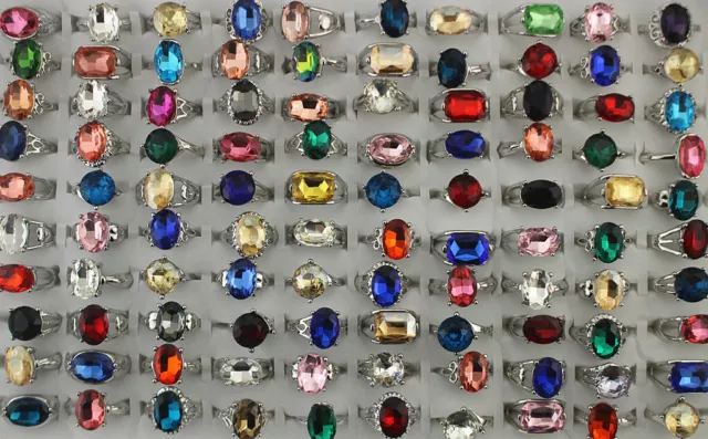 Wholesale Lots 60pcs Silver P Jewelry Mixed Lady's Fashion Glass Rings Free P