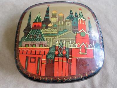 1980 Soviet Russian Hand Painted Metal Tole Trinket Box Moscow Kremlin Signed