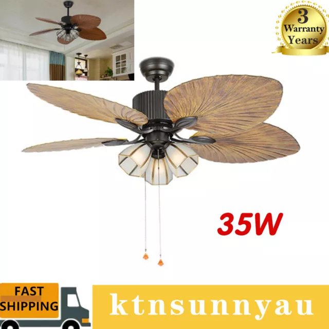 52” Indoor Tropical Ceiling Fan with Light Kit Five Hand-carved Palm Leaf Blades