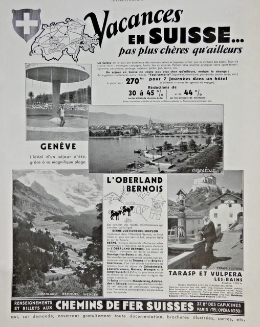 1934 Press Advertisement Holidays In Swiss Geneva Oberland Bernois Tarasp Vulpera