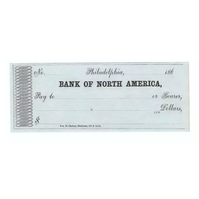 1860's Bank of North America Check Philadelphia, PA Unissued