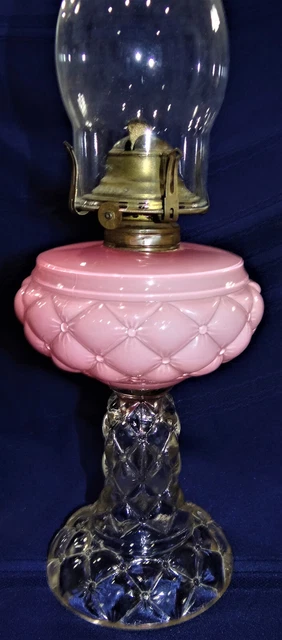 Consolidated Pink Cased Glass Diamond Quilted Kerosene Oil Lamp Antique Hobbs