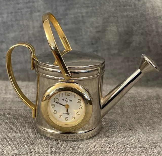 Elgin Miniature Watering Can Clock Silver & Gold Tone Metal Vintage EUC