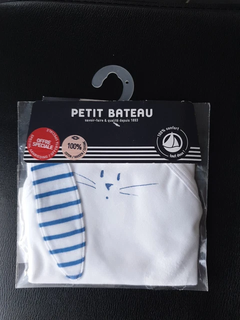 NEUF - Doudou plat Blanc bleu Oreilles Rayé Petit bateau Lapin Coton