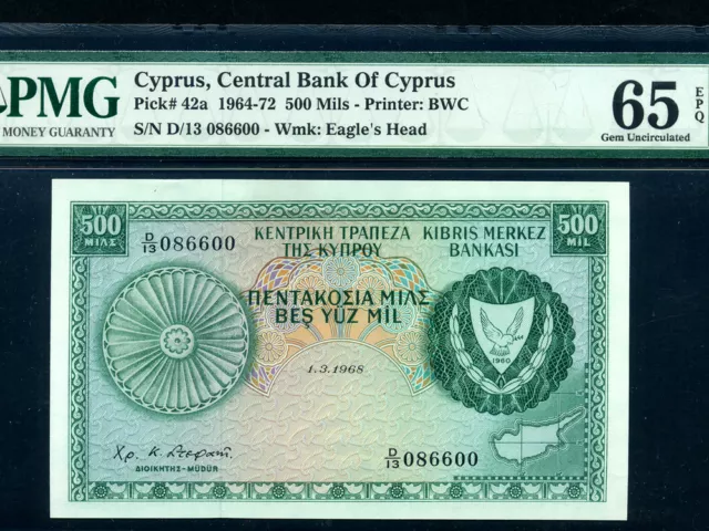 Cyprus:P-42a,500 Mils,1968 * RARE DATE * PMG Gem UNC 65 EPQ *