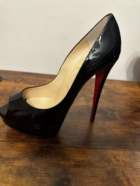 New CHRISTIAN LOUBOUTIN Lady Peep 150 Black Patent Platform Pumps- Size 40