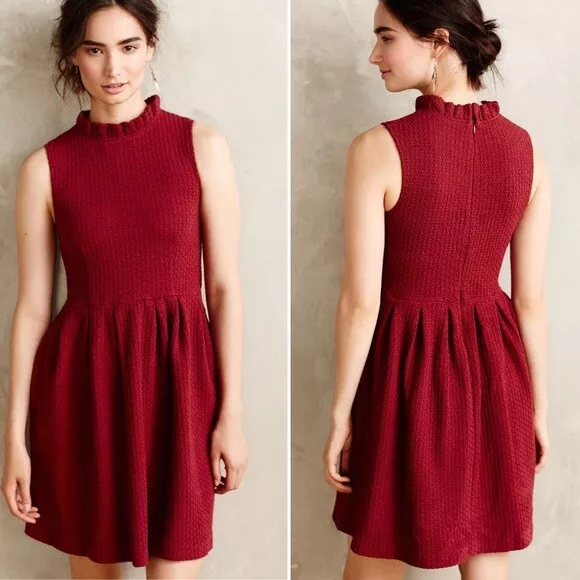 Ganni Anthropologie Pinnacle Textured Dress Ruffle Mini Maroon Dress Size Small