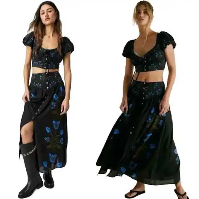 NEW Free People Easy to Love Floral Two Piece Maxi Skirt Cropped Top Set L NWOT