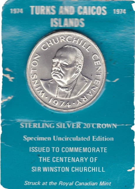Turks and Caicos /  1974   Large  20  Crowns  Sterling  Silver  Coin / Churchill