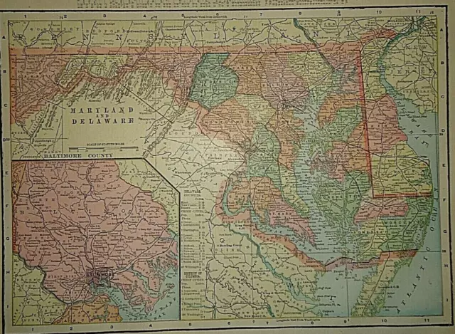 VINTAGE 1899 ATLAS Map ~ MARYLAND - DELAWARE Old Antique & Authentic ...