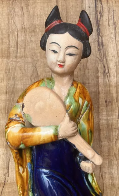 Chinese Antique Tang Sancai Porcelain Glazed Sculpture Woman Musician 13” 2