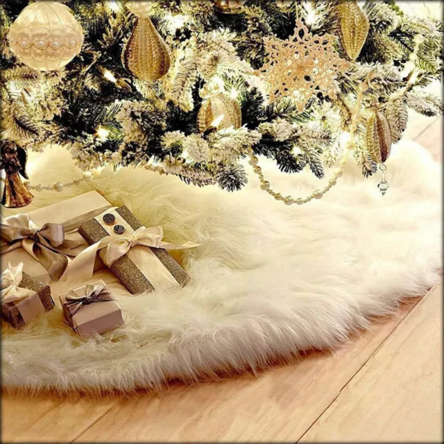 White Christmas Tree Skirt Base Faux Fur Xmas Floor Mat Ornaments Decorations