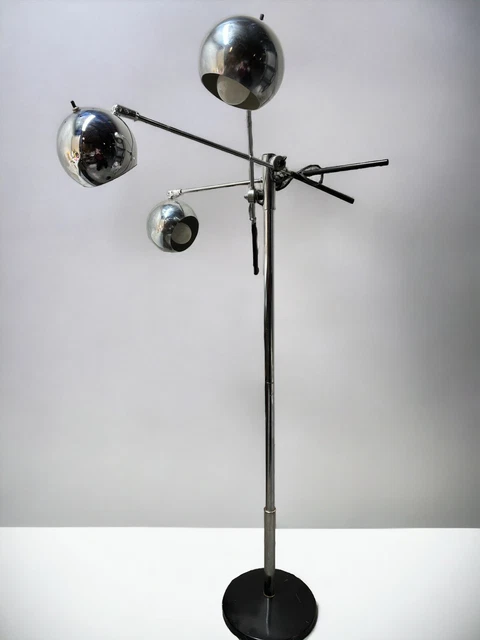 Mid Century Modern MCM Atomic Chrome Eyeball Floor Lamp 3 Orb Globe Crane Arm