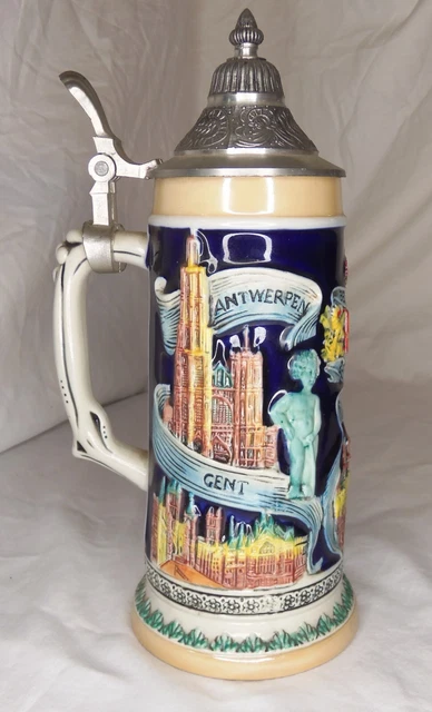 Original Armin Bay Hand Painted Beer Stein with Pewter Lid from Belgium