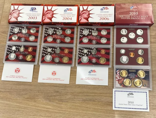 4 Pce Lot US Mint Silver Proof Sets 2003 2004 2006 2010 w/ogp L18255