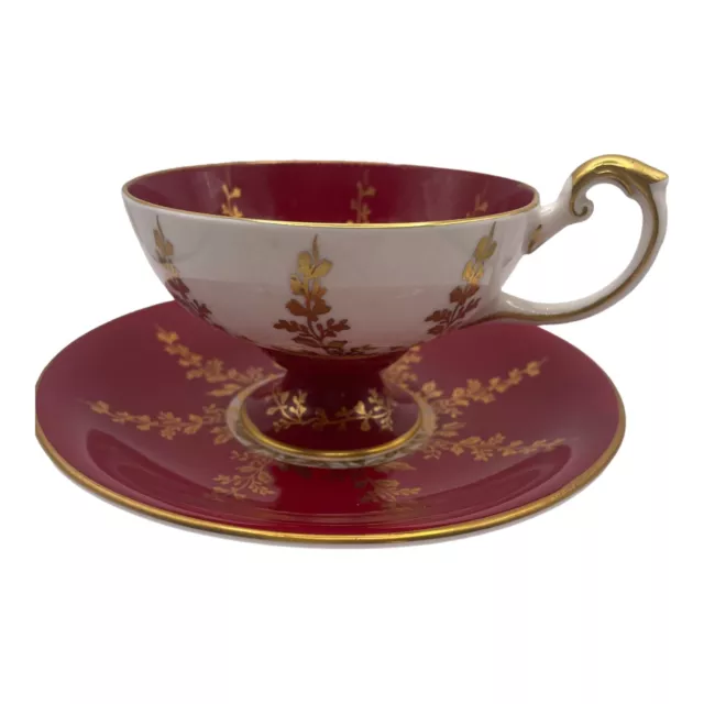 Vintage Aynsley Ruby Red Gold Gild  Leaves Pedestal Tea Cup and Saucer England 2