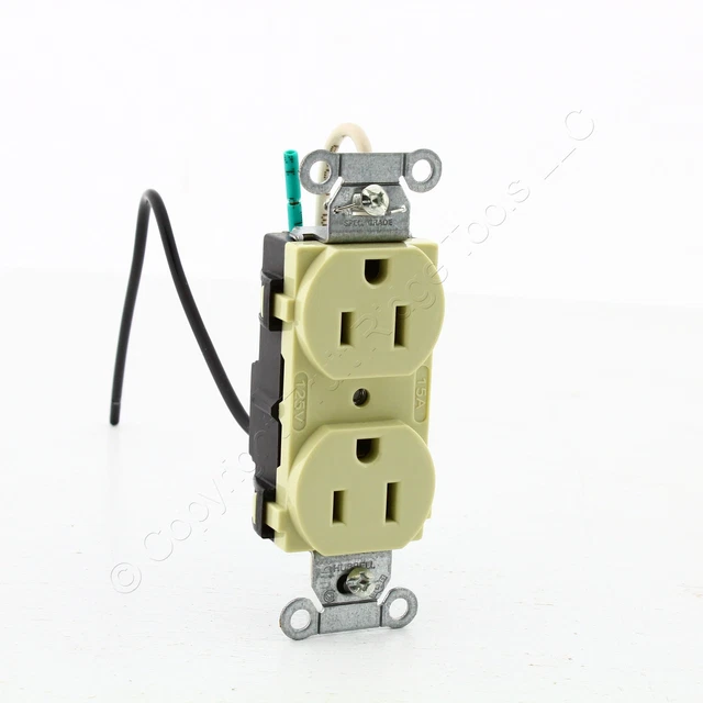 Hubbell Ivory COMMERCIAL Receptacle Outlet 15A 125V 8" Wire Leads CR15IP1