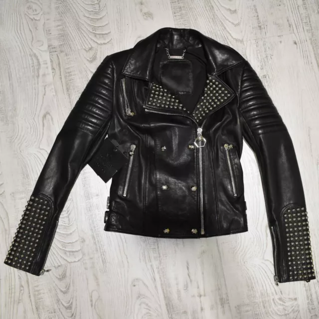 Philipp Plein Women's Genuine Leather Black Motorcycle Biker Jacket