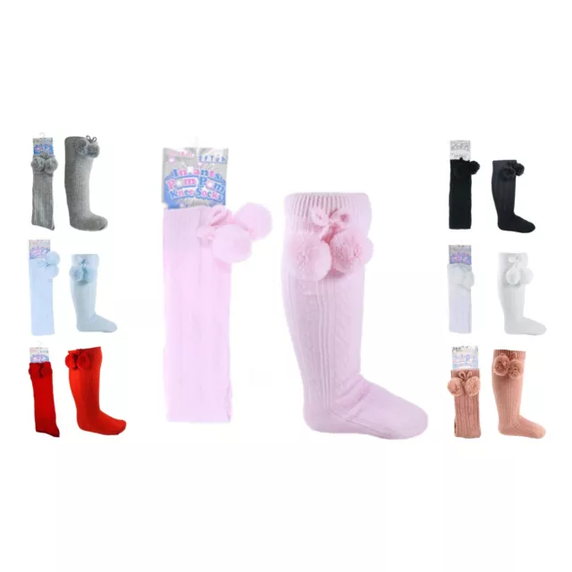 Baby Girls 3/4 Knee High Spanish Style Ribbon Pom Pom Bobble Bow Knot Socks 0-24