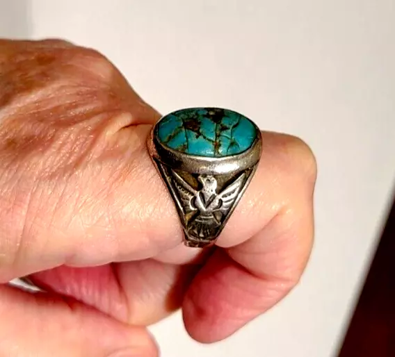 Vintage ~ Men’s Turquoise & Silver Thunderbird Ring ~ Size 11