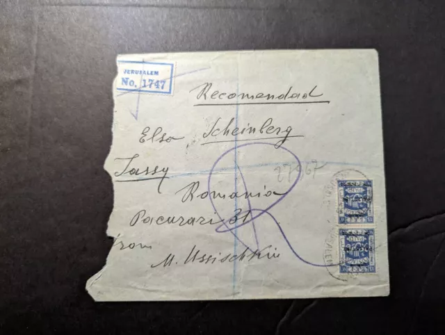 1925 Registered Palestine EEF Overprint Cover Jerusalem to Jassy Romania