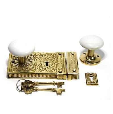 Ornate Victorian Door Rim Lock Solid Brass Porcelain Knobs Old Style Replica