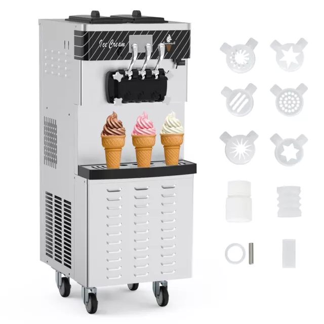 22-30L/H Commercial Ice Cream Maker Soft Serve Yogurt Machine 3 Flavors W/ Wheel