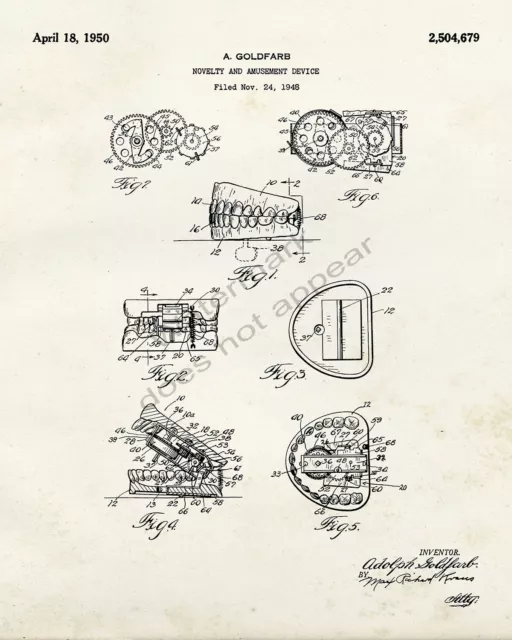 1950 Wind Up Chattering Teeth Gag Toy Novelty Patent Print - Retro Look