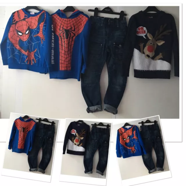 Next Boys Kampfjeans & F&F Weihnachtspullover & George FF Spiderman Pullover 5-6 Jahre