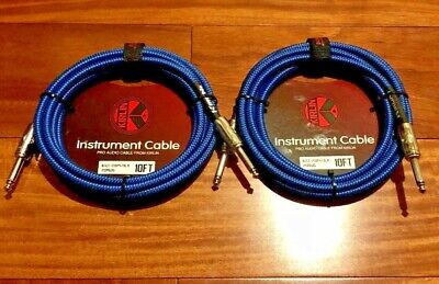 2-Pack Kirlin 10 ft 1/4" Blu/Blk Woven Guitar/Bass Cables PLUS Free Cable Ties