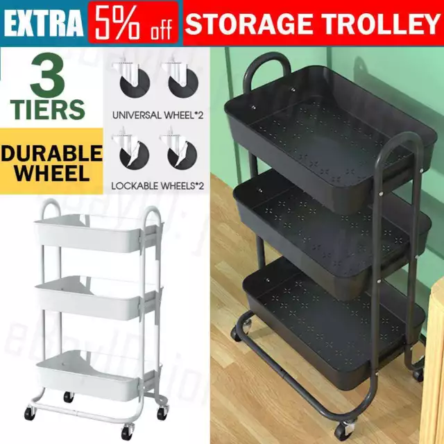 3 Tier Kitchen Trolley Storage Cart Rack Vegetable Fruit Baskets Shelf Holder AU