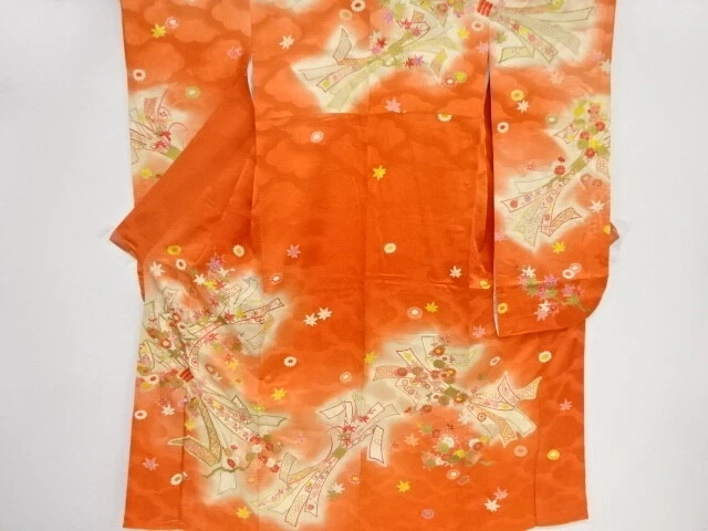 41065# Japanese Kimono / Antique Furisode / Embroidery / Flower & Noshi Patt