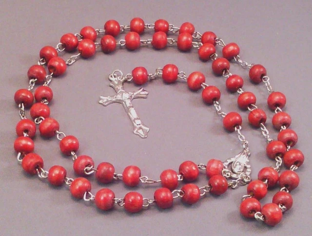 Rosary Necklace 8mm Wood Bead Silver Detail Crucifix Chain Center RED Low Stock!