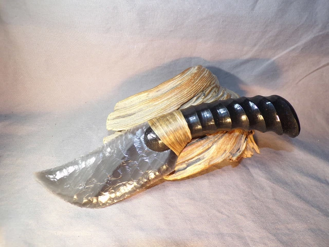 Gray Banded Obsidian Skinning Knife Carved African Deer Antler Handle Knapping