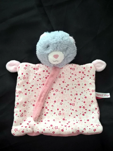 Doudou plat chat ours sucre d'orge tétinou gris rose fleur attache-tétine 2 disp