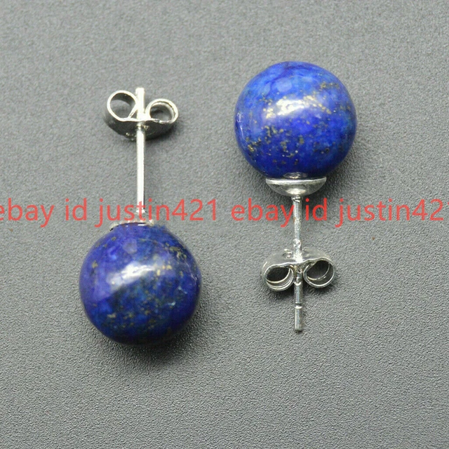 Natural 10mm Blue Lapis Lazuli Round Gemstone Beads Silver Stud Earrings