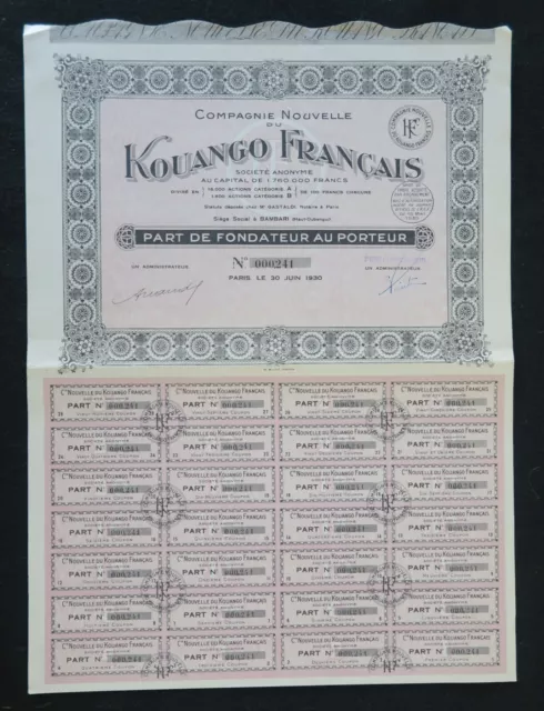 Action 1930 COMPAGNIE NOUVELLE DU KOUANGO FRANCAIS   titre bond share 3