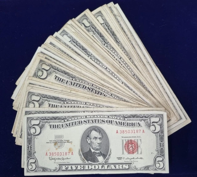 1963 & 1953 A B C Five Dollar Bill $5 United States Note RED SEAL Circ from Lot