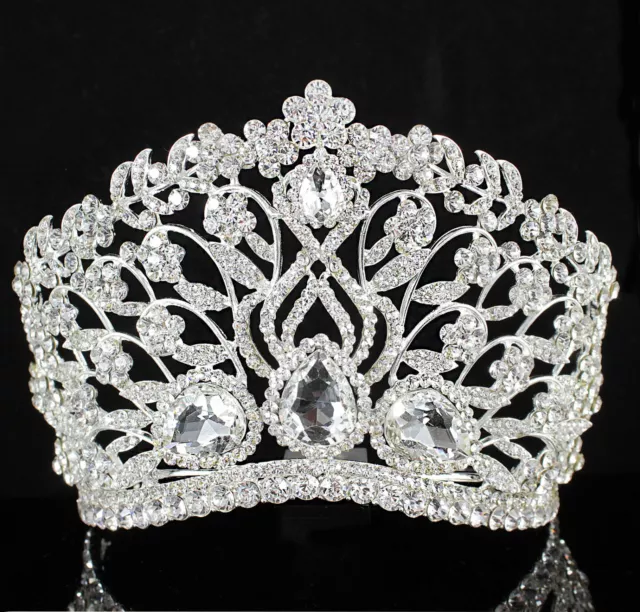 Large Floral Clear Austrian Rhinestone Crystal Tiara Crown With Comb Bridal T901