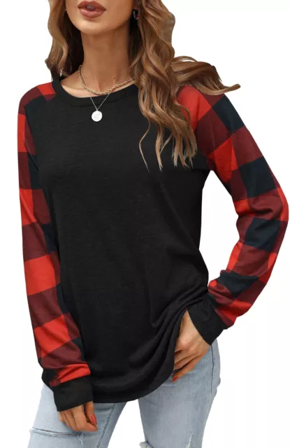 Aifer Womens Buffalo Plaid Flannel Shirts Round Neck Pattern Raglan Pullover Cas