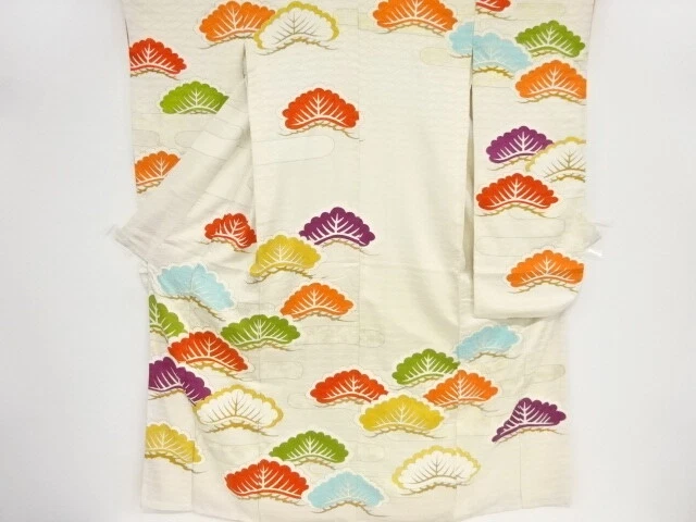 41052# Japanese Kimono / Antique Furisode / Embroidery / Pine & Egasumi Patt