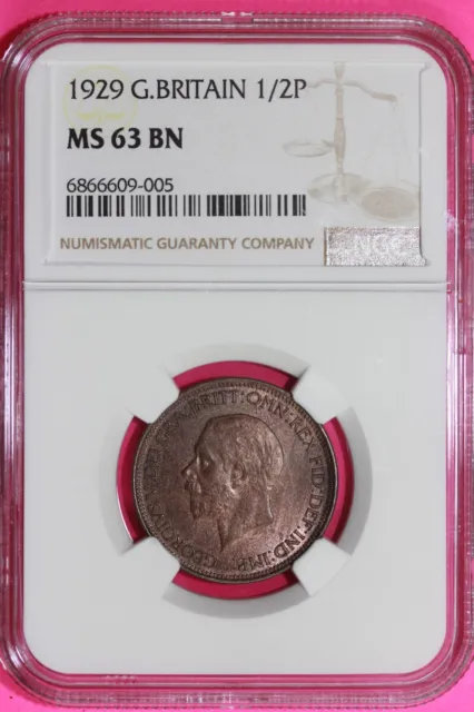 1929 MS 63 BN Great Britain 1/2 Half Penny Coin NGC Graded Certified Slab 1508