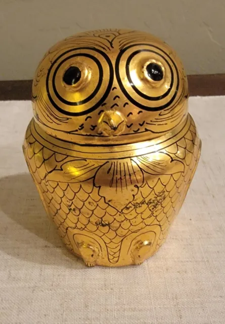 Vintage Burmese Handpainted Gold Lacquerware Owl Trinket Box 4" Tall