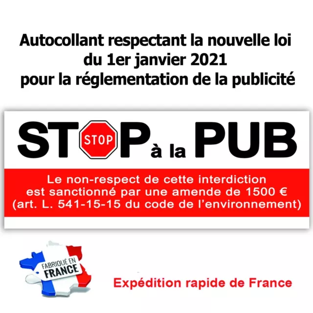 Stop pub Autocollant sticker publicité amende boite aux lettres nouvelle loi