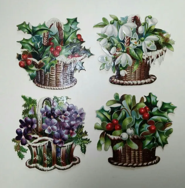 Victorian Die Cut Embossed Scraps Winter Floral Baskets x 4