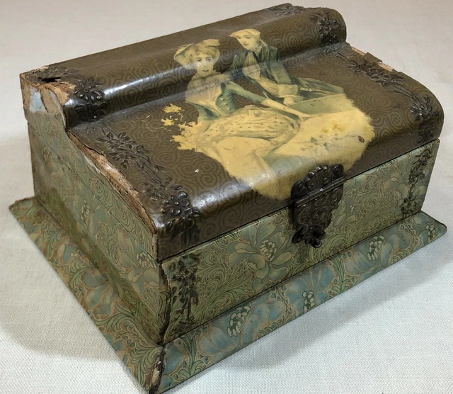 Old Antique Vintage Victorian Dresser Mirror Box Jewelry Makeup Wood Paper Brass