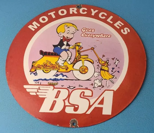 Vintage BSA Motorcycle Sign - Motor Bike Cartoon Gas Pump Service Porcelain Sign