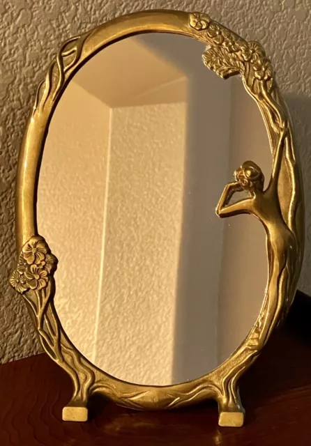 Vintage Art Nouveau Lady by the Lake Solid Brass Oval Table top Mirror