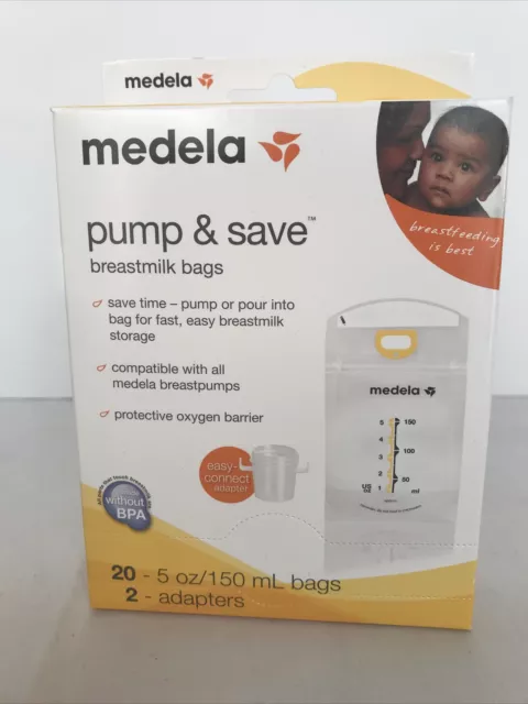 Medela Pump & Save Breastmilk Bags (1 Box = 20 5oz/150 Ml Bags And 2 Adapters)