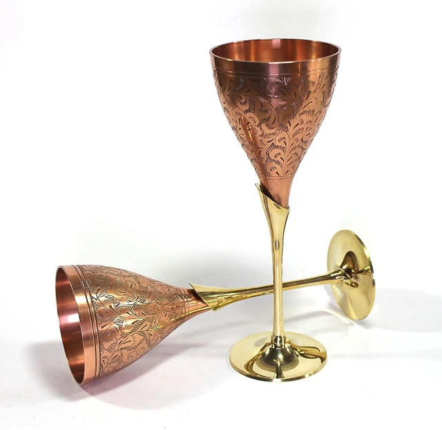 Gravé Cuivre Plaqué Laiton Vin Gobelet Champagne Flûtes Coupes Verres 2 Pièces